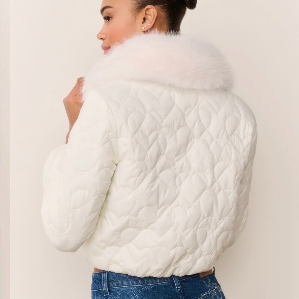 LoveShackFancy Sandria Cream Heart Quilted Puffer Jacket with Faux Fur Collar - Picture 3 of 3